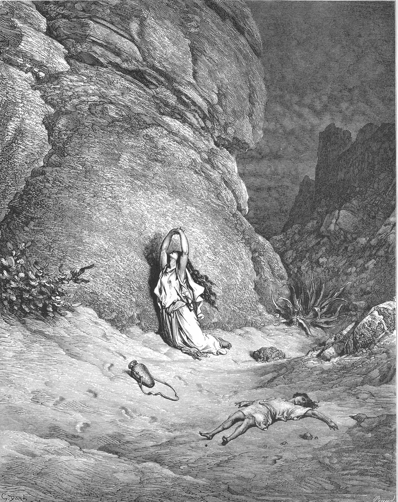Gravura de Gustave Doré: Agar ajoelhada junto a uma rocha, com os braços erguidos sobre a cabeça; um cântaro caído no chão; à direita, o menino deitado, de túnica; em volta, deserto de pedra.
