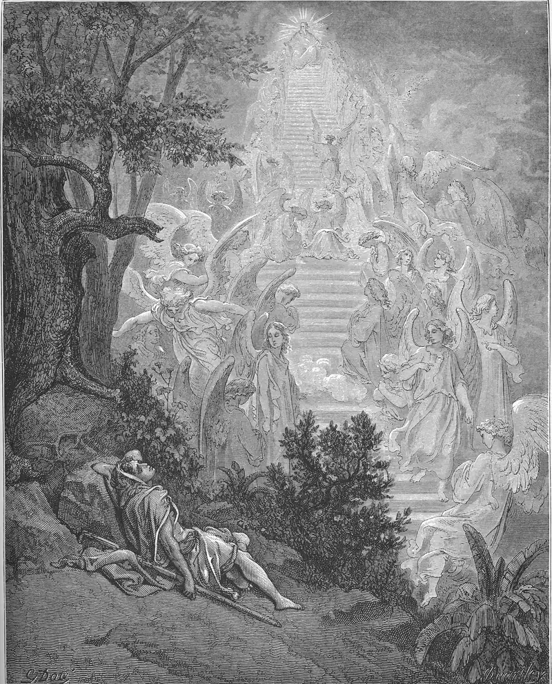 Gravura de Gustave Doré: Jacó dormindo ao pé de uma árvore, com o cajado ao lado; uma escada de luz com anjos subindo e descendo; no alto, uma figura luminosa pequena.