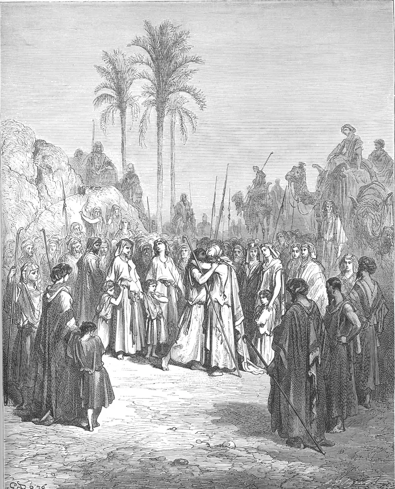 Gravura de Gustave Doré: no centro, dois homens abraçados; em volta, famílias com mulheres e crianças, homens com lanças, camelos e palmeiras; céu claro.