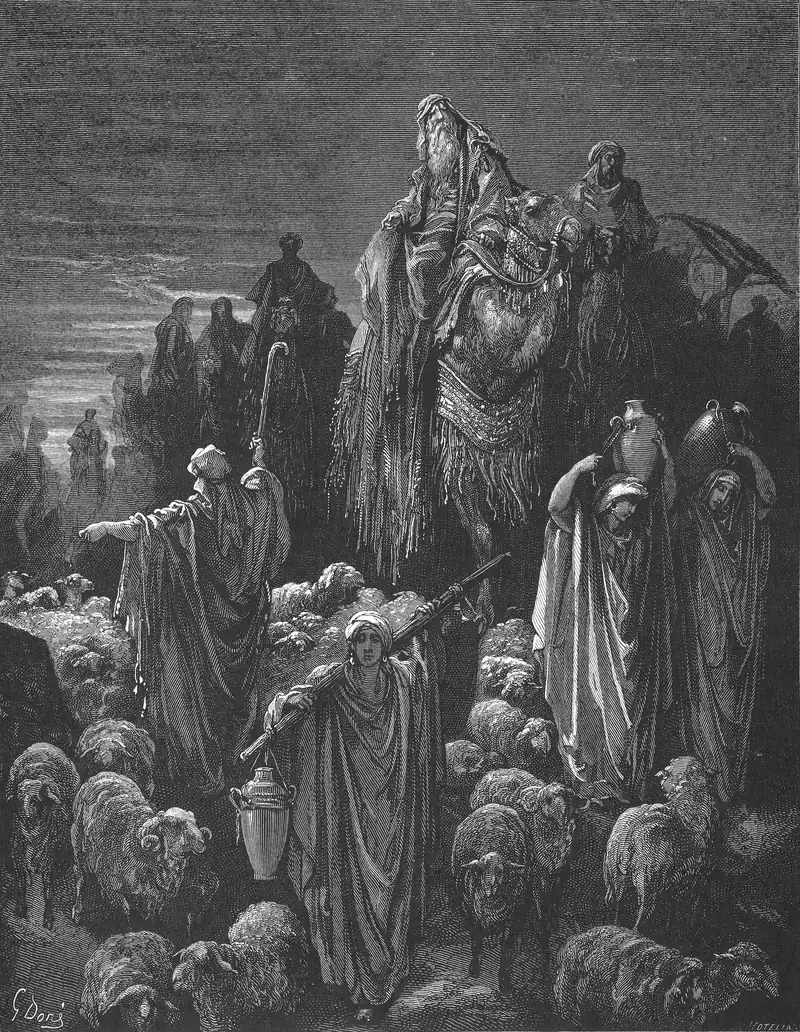 Gravura de Gustave Doré: no alto, um velho de barba branca montado num camelo enfeitado; à frente, uma mulher com um cântaro pendurado numa vara; à direita, duas mulheres com cântaros na cabeça; à esquerda, um pastor de cajado erguido aponta o caminho; ovelhas enchem toda a parte de baixo; céu escuro com uma faixa de luz.