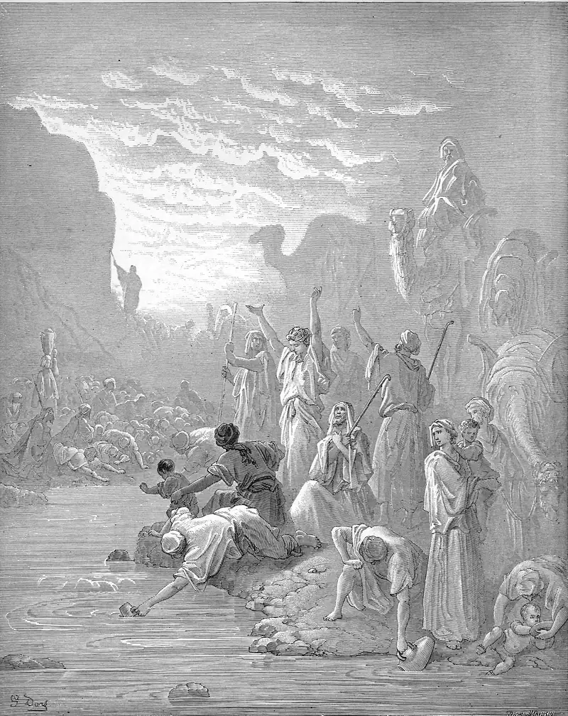 Gravura de Gustave Doré: ao fundo, à esquerda, Moisés pequeno, de cajado erguido junto à rocha; no primeiro plano, a água corre e o povo bebe, ajoelhado, com cântaros e com as mãos; camelos à direita; céu claro de nuvens.