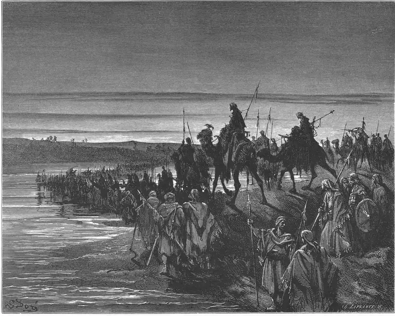 Gravura de Gustave Doré: uma coluna longa de gente a pé e em camelos atravessa a água de um rio largo, ao entardecer; à direita, em primeiro plano, homens de manto com lanças e um escudo redondo; ao fundo, a margem baixa e palmeiras pequenas no horizonte.