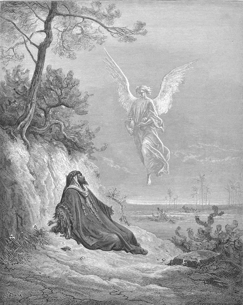 Gravura de Gustave Doré: Elias sentado, encolhido, ao pé de uma árvore no deserto; um anjo desce do alto, à direita; ao fundo, palmeiras e planície.