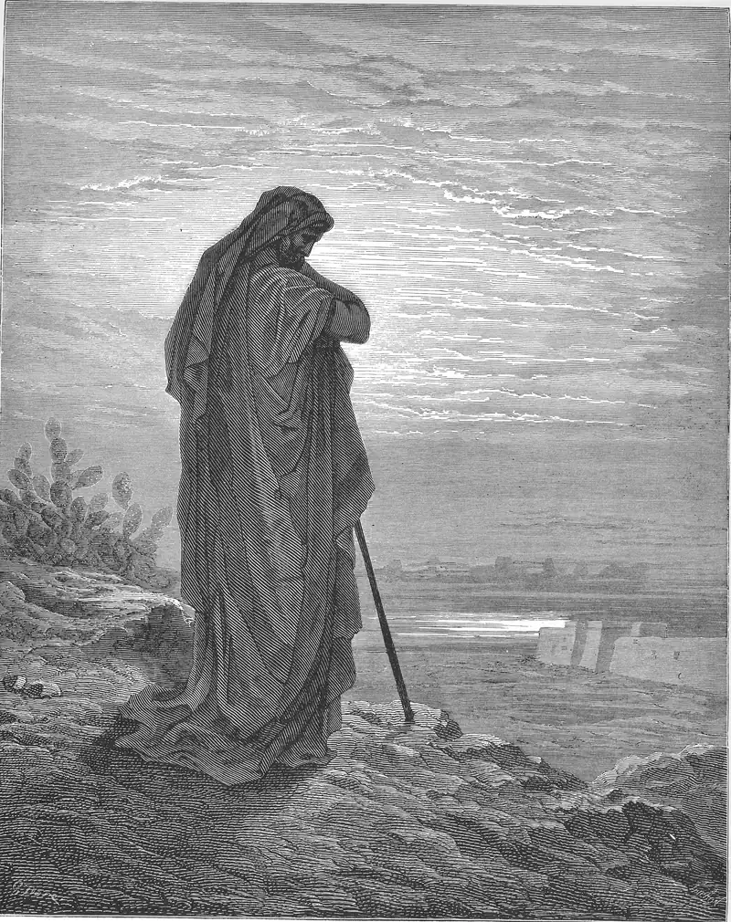 Gravura de Gustave Doré: um homem de manto e cajado, de pé num alto, com a cabeça inclinada; embaixo, uma planície com água; o céu ocupa mais da metade do quadro.
