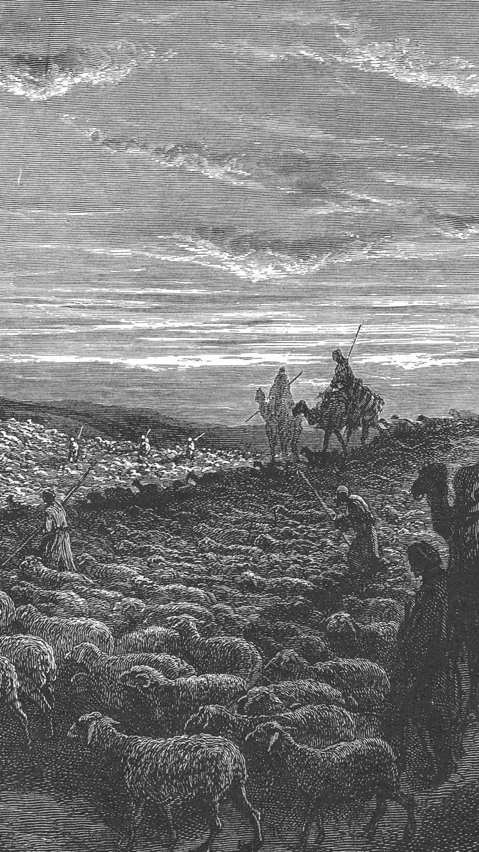 Gravura de Gustave Doré: um rebanho grande de ovelhas numa planície, cavaleiros em camelos e pastores a pé; céu largo, fim de tarde.