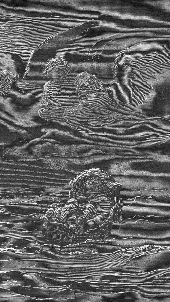 Gravura de Gustave Doré: noite, lua entre nuvens; um cesto com um bebê sobre a água; juncos dos dois lados; quatro anjos de asas abertas pairando acima.