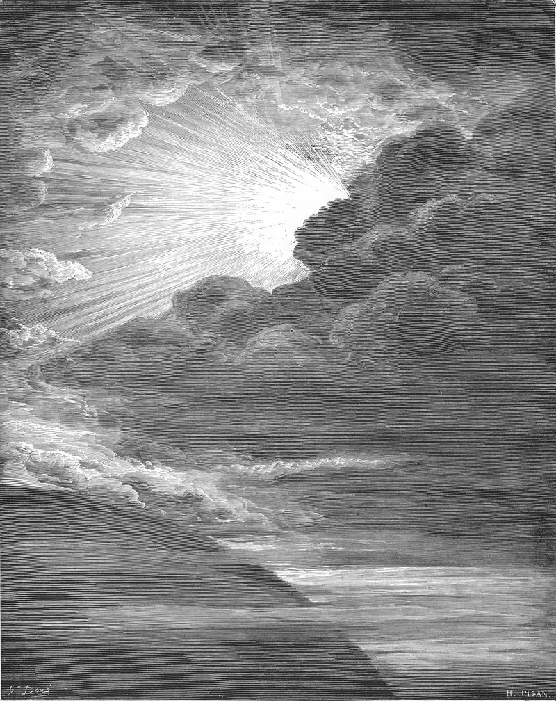 Gravura de Gustave Doré: a luz rompe entre nuvens escuras sobre o mar
